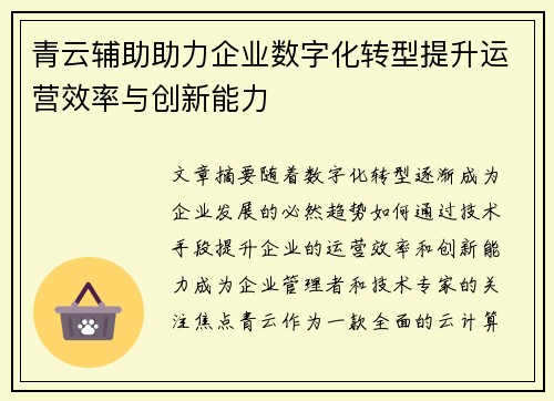 青云辅助助力企业数字化转型提升运营效率与创新能力 青云辅助助力企业数字化转型提升运营效率与创新能力